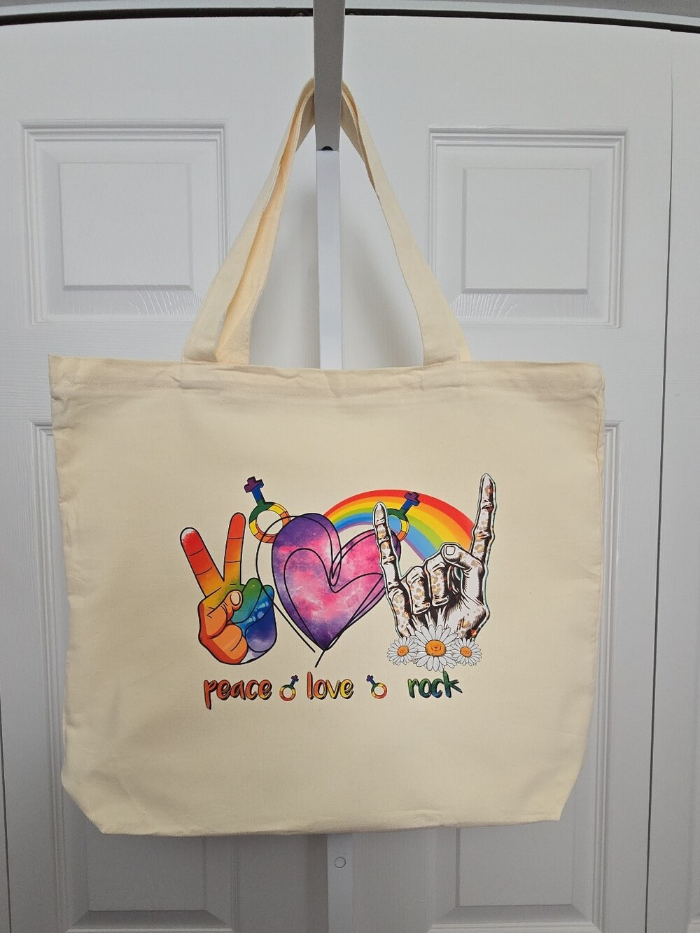 Peace Love Rock Rainbow Graphic Canvas Tote
